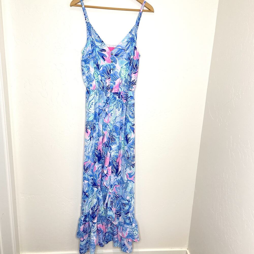 Lilly Pulitzer Blue Pink Tropical Print Maxi Dress